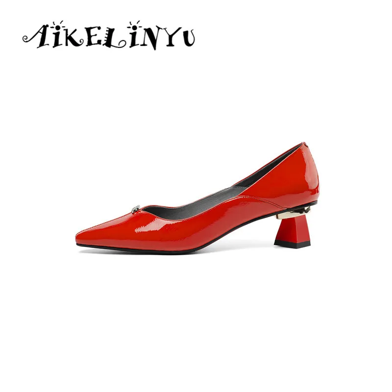 AIKELINYU/весенние туфли-лодочки; туфли из натуральной кожи на квадратном каблуке с острым носком; элегантные офисные женские туфли-лодочки с крахмальным корнем лотоса; женская обувь для вечеринок - Цвет: Красный