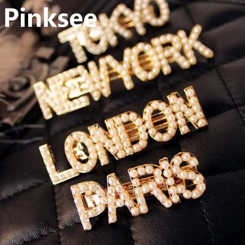 Корейские жемчужные заколки для волос с надписью женщин и девушек New York Paris London Milan