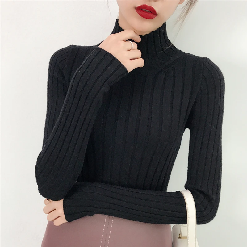 2019 White turtleneck sweater and semi small fresh female short thick slim tight long sleeved all-match knitted shirt | Женская одежда