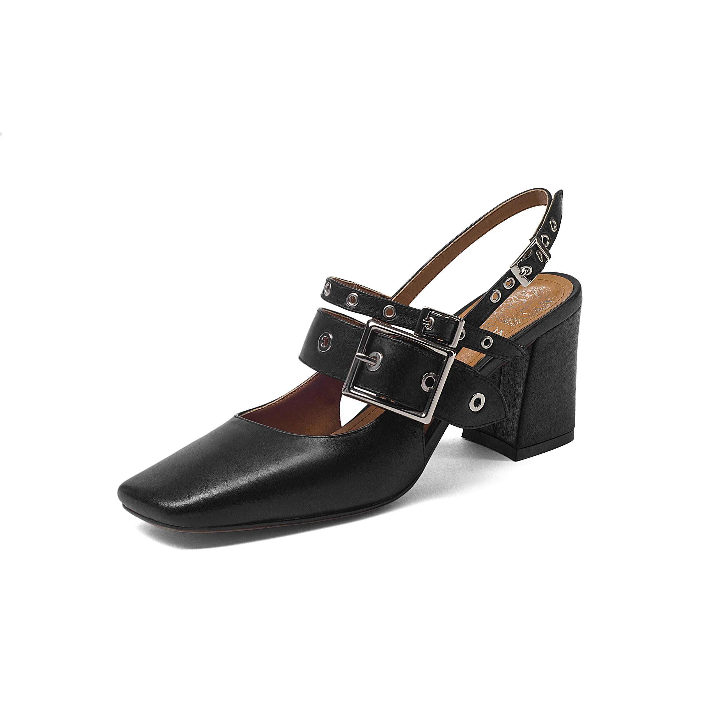 Women Genuine Leather Sandals Black White Stud Square toe Block High Heels Ankle Buckle Strap Platform Pumps Sandalias Mujers | Обувь