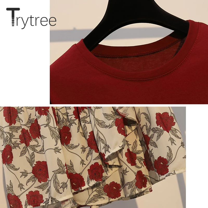 Trytree летний женский комплект из двух предметов Повседневный хлопковый топ с круглым вырезом+ юбка до середины икры эластичная талия Цветочная юбка костюм комплект из 2 предметов