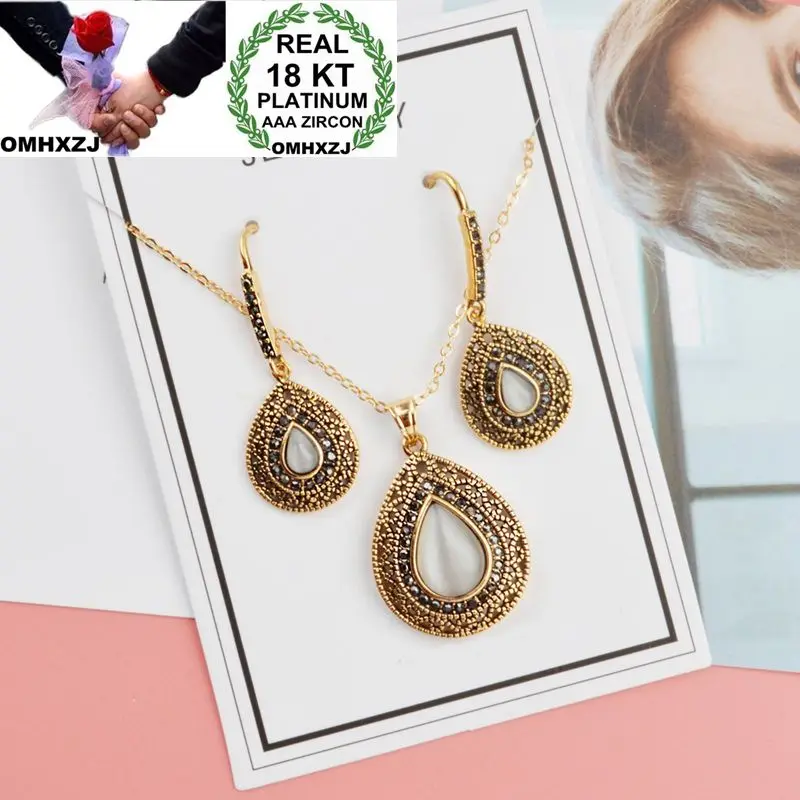 

OMHXZJ Wholesale Personality Fashion OL Woman Girl Party Wedding Water Drop Zircon 18KG Gold Earrings+Necklace Jewelry Set SE20