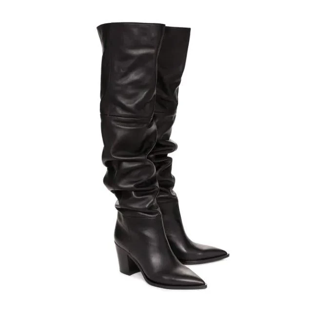 Сапоги женские Olomm черные зимние выше колена на высоком квадратном каблуке с