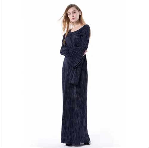NAVY BLUE Мусульманская сморщенная юбка карандаш плисс Макси платье труба рукав абайя длинные халаты Туника Ближний Восток Рамадан Арабская Исламская одежда - Цвет: NAVY BLUE