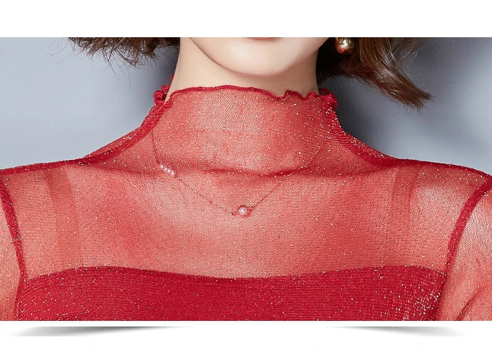 Женская Сетчатая футболка Keatingberus черная Прозрачная Тонкая с высоким воротником