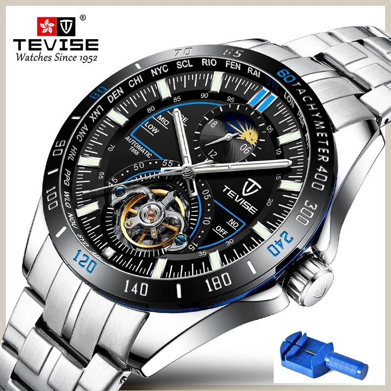

TEVISE Automatic Watch Men Moon Phase Tourbillon Skeleton Watch Mechanical Wristwatches Causal Male Clock Relogio Masculino