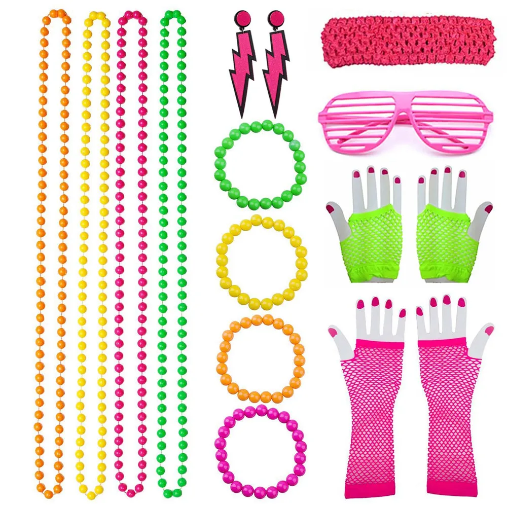 

1980S 80s Disco Accessorie Women Retro Disco Neon Costume Beads Necklace Bracelets Multicolor Prop Rock N Roll Star 1980s Theme