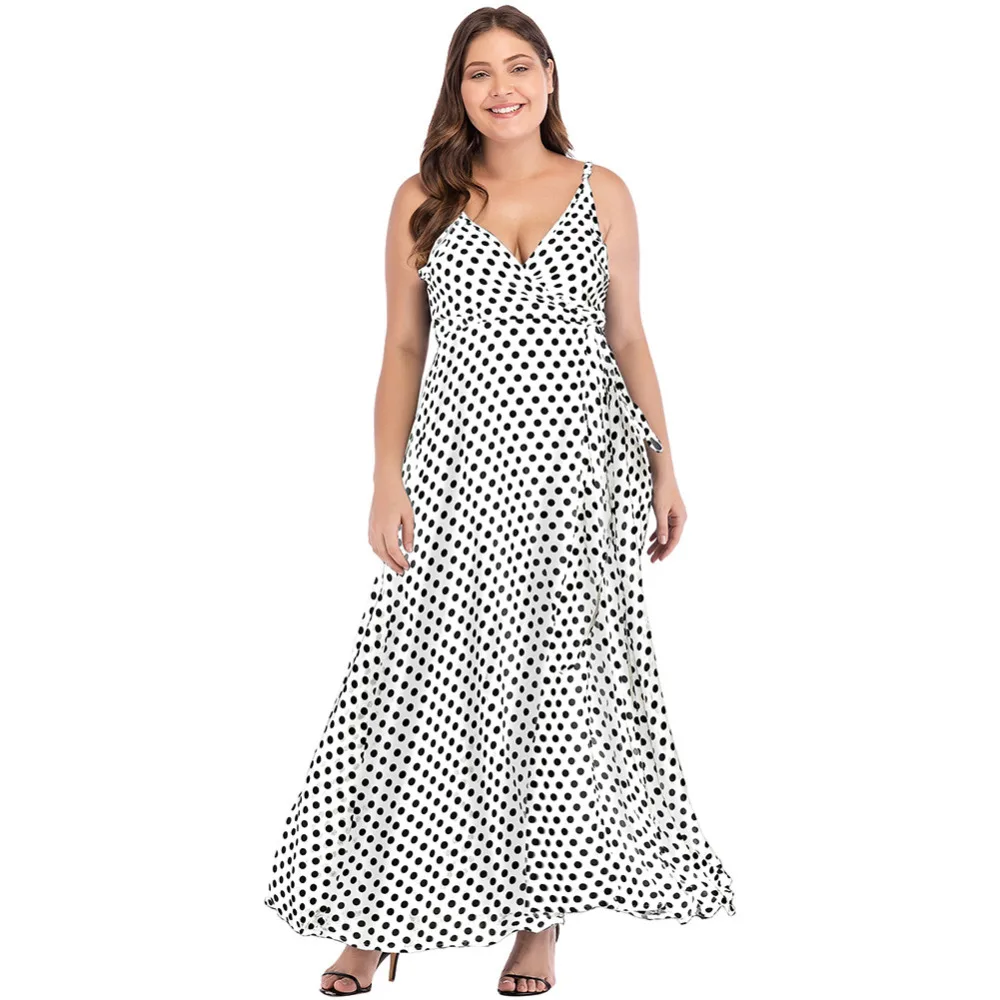 Платье женское длинное в горошек с высоким разрезом и V образным вырезом|Женские