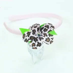 

Free shipping 100pcs Leopard Ribbon Rose With Diamond Headband