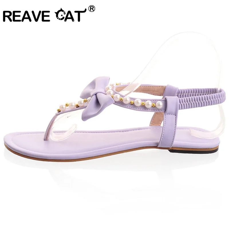 Reave Cat/большой размер 31-45 брендовые сандалии Для женщин летние сандалии сладости мода белый фиолетовый зеленый розовый Бисер эластичные ql4204