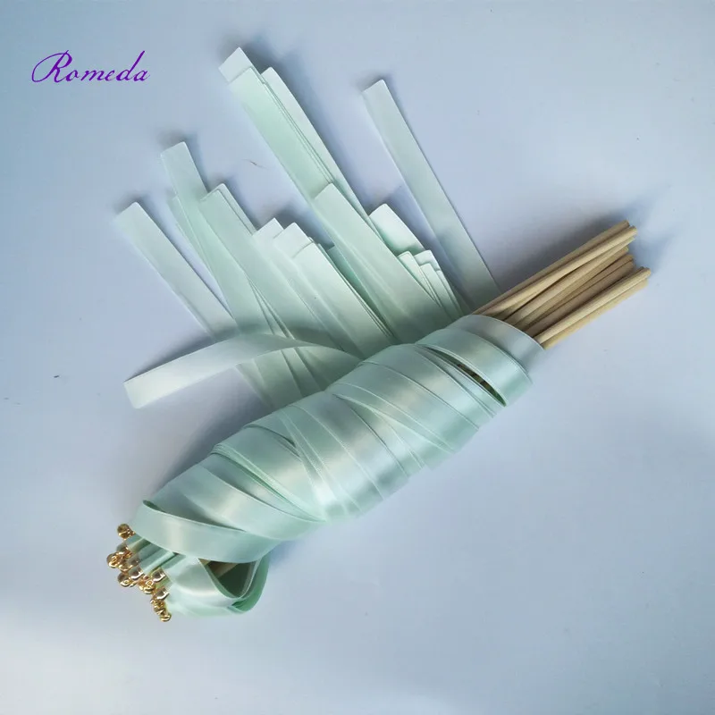 New Arrived 50Ppcs/lot light green stain ribbon wedding wands stick with gold bell ribon Stick Twirling Streamers for | Дом и сад
