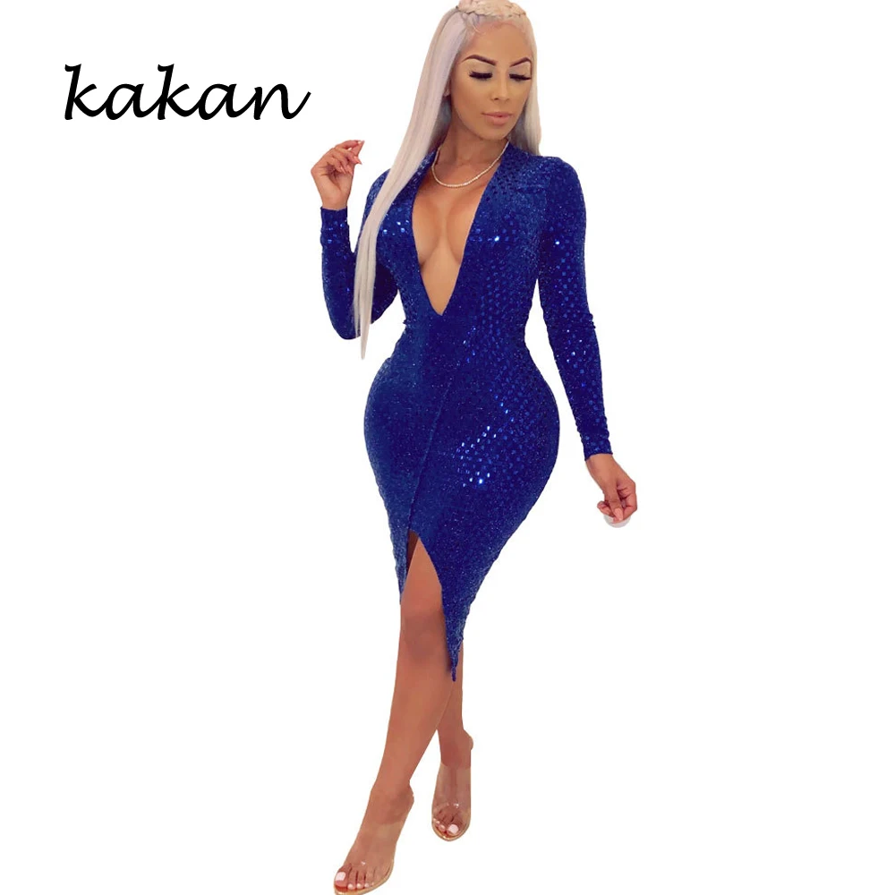 

Kakan 2019 spring new women's sequin dress sexy V-neck irregular long-sleeved blue black dress club party dress