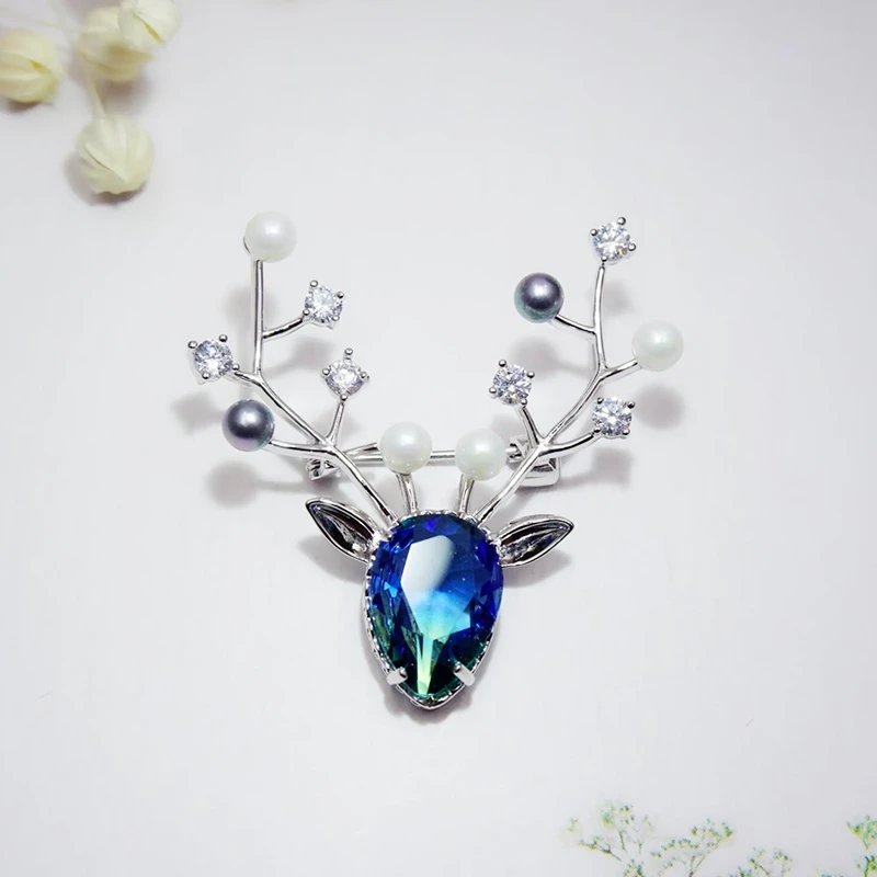 Милые животные оленей рогатый олень брошь Леди Мужская имитация жемчуга Циркон