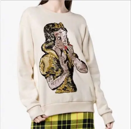 SS19 Весенняя женская белая винтажная мультяшная толстовка с пайетками и круглым