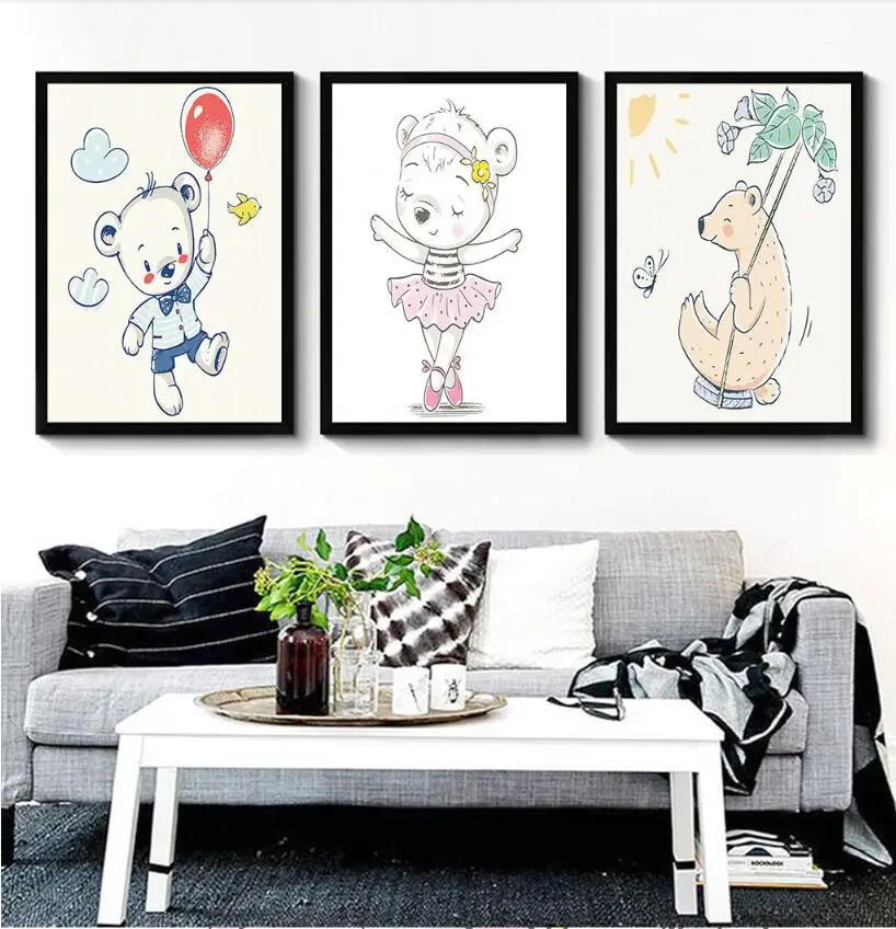 

Nordic Minimalist Cute Cartoon Bear Cat Canvas Painting Modern Kid's Room Decoration Picture No Frame Wall Art Poster and Print