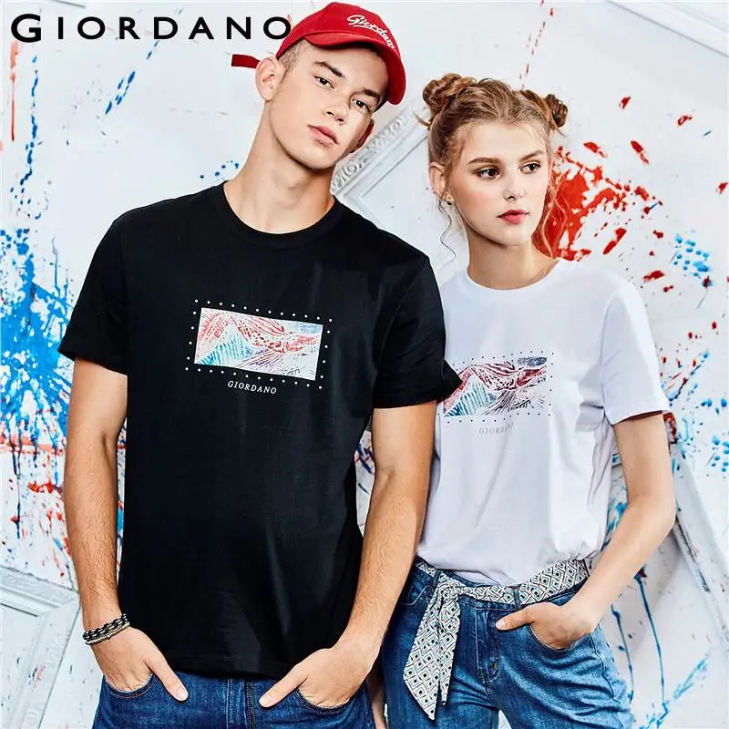 Мужская и женская футболка с круглым вырезом Giordano Повседневная из 100% хлопка