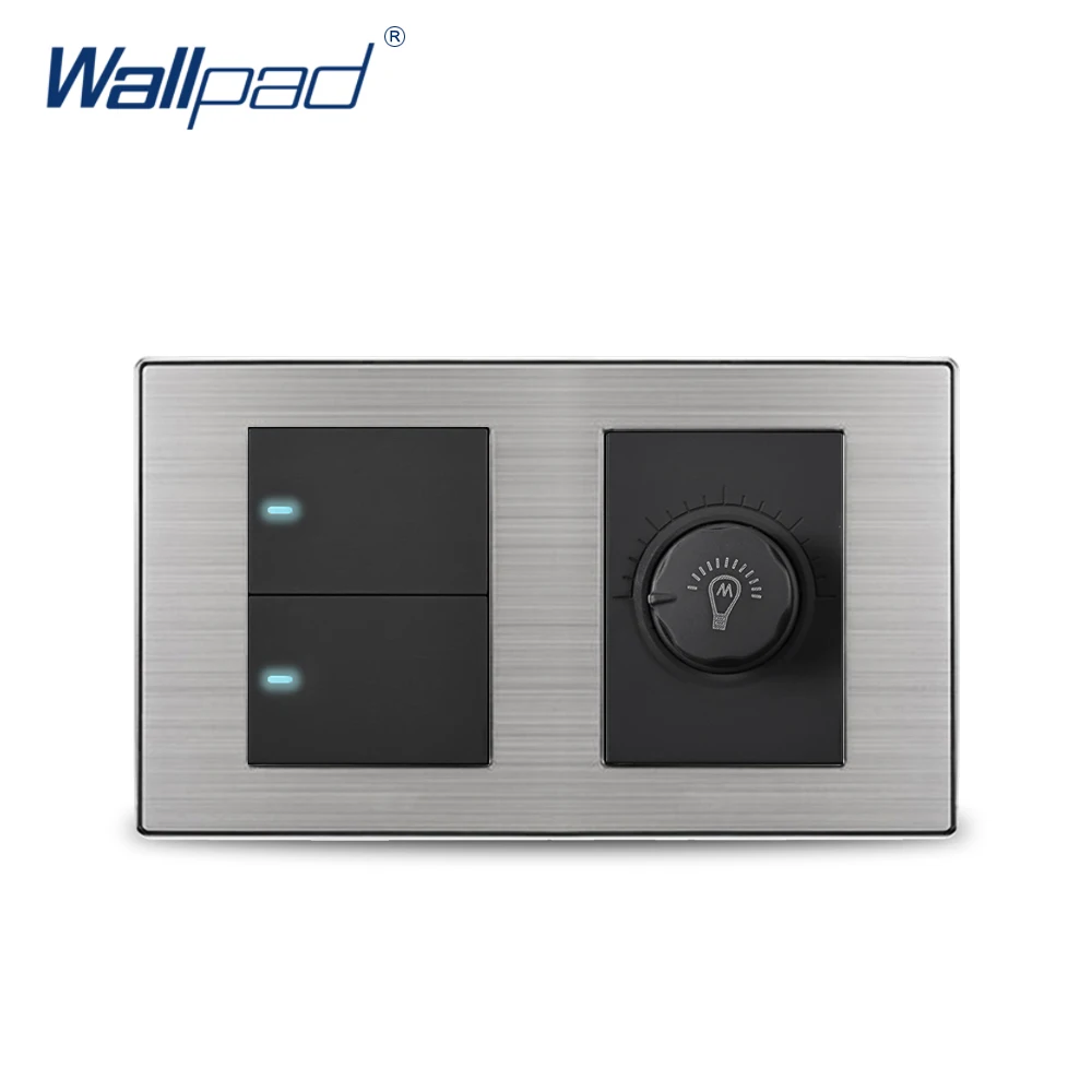 

Wallpad 2 Gang 2 Way Switch With Dimmer Luxury Satin Metal Panel Wall Light Switch With LED Indicator 160*86mm