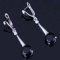 gleaming round black cubic zirconia white cz silver plated drop dangle earrings v0355