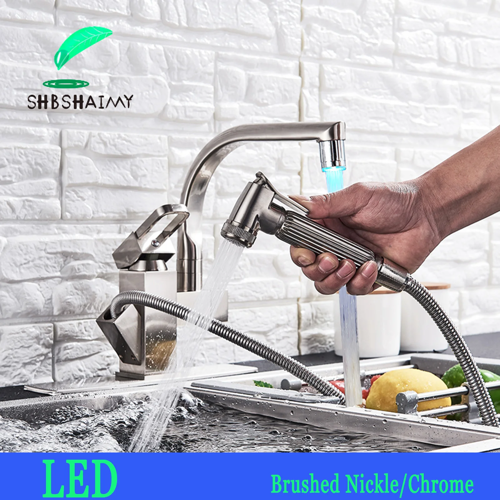 

SHBSHAIMY LED Brushed Nickle Brass Bathroom Basin Faucet Dual Handles Single Hole Hot and Cold Mixer Tap 360 Degree Rotate