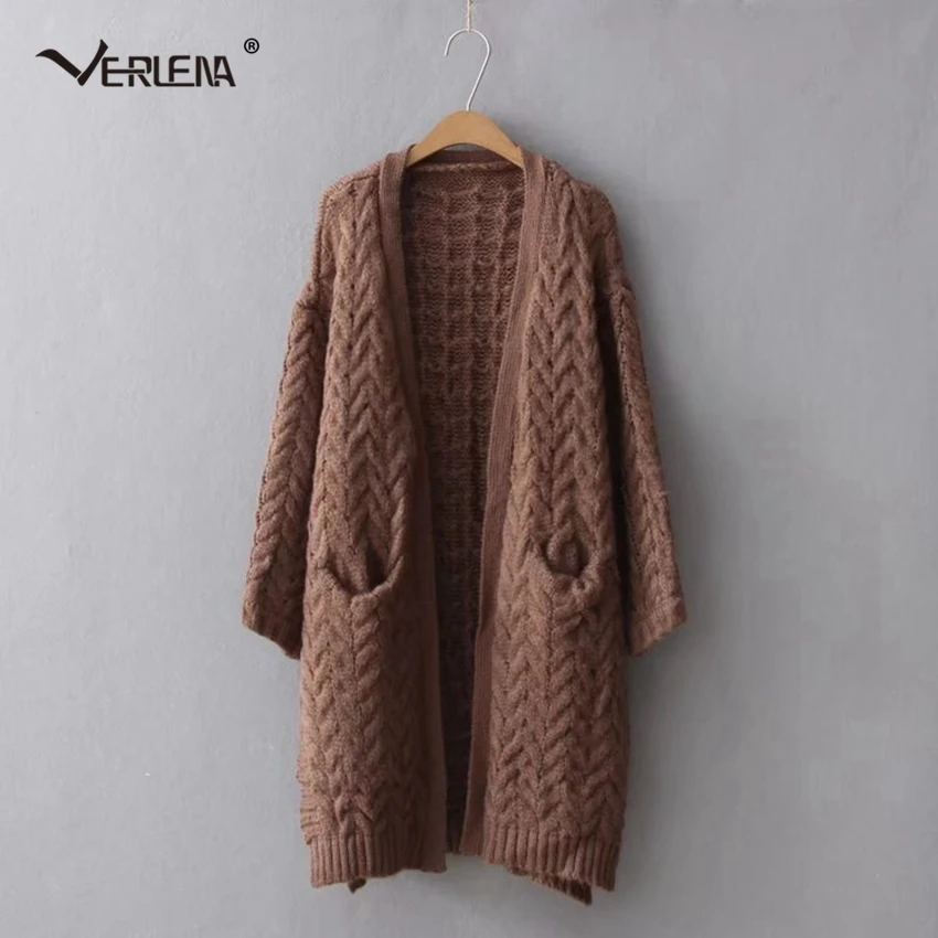 Verlena 2019 длинный кардиган на шнурке женский вязаный Свитер оверсайз с карманами
