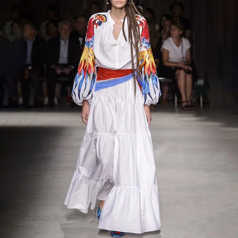 Феникс Вышивка 2019 Подиум Круглый вырез фонарь длинный рукав Высокая талия цвет