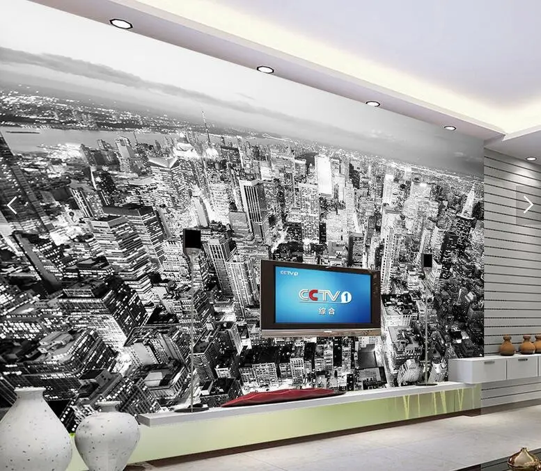 Обои обои в стиле ретро под заказ черно-белые с изображением ночного Нью-Йорка