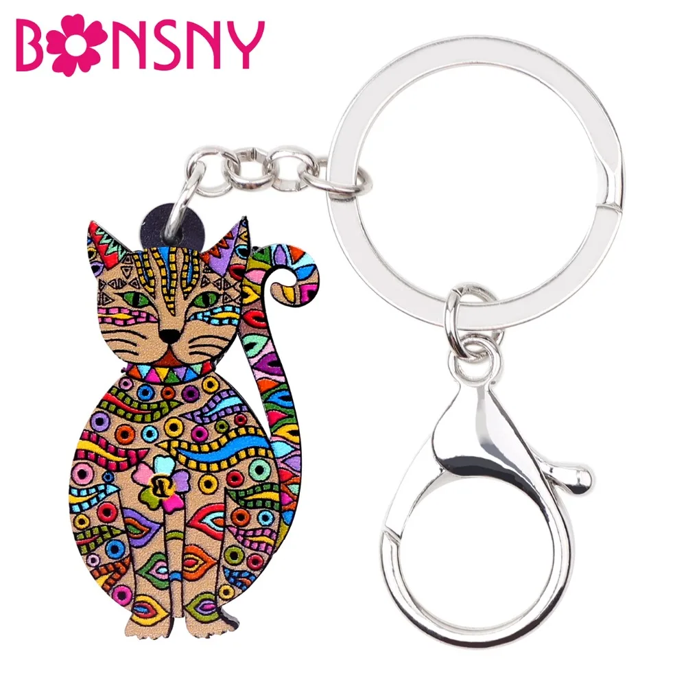 Bonsny акриловая Новинка цветочный котенок кошка брелок для ключей кольца женщин
