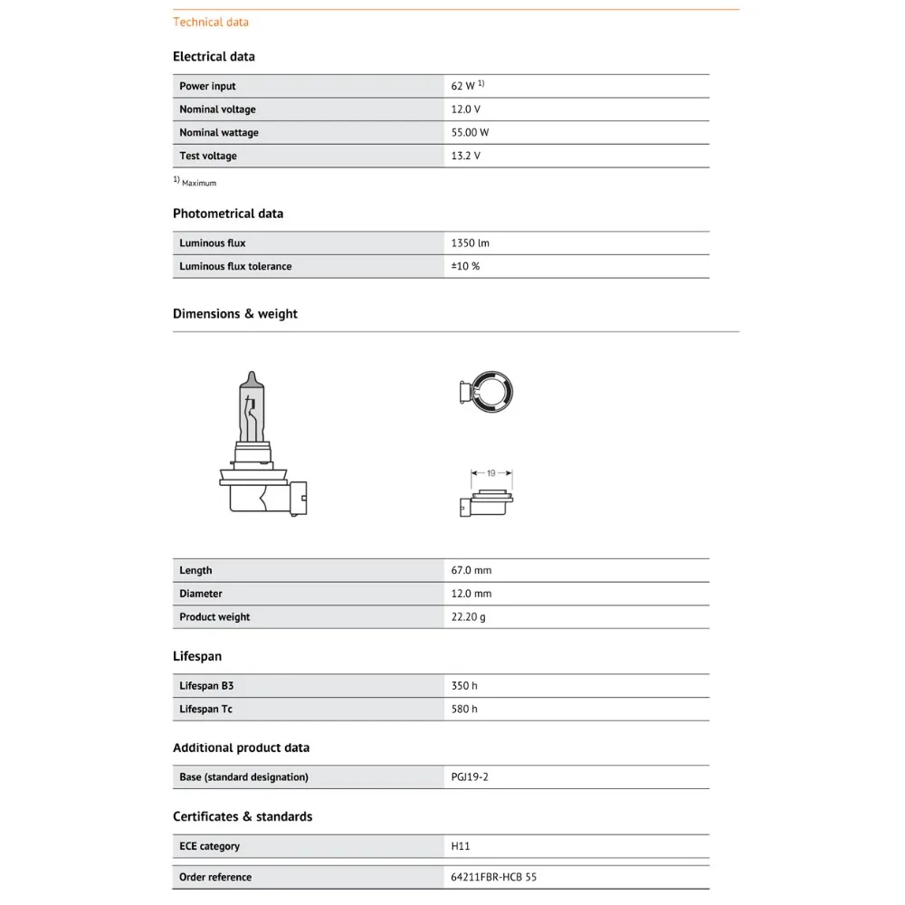 OSRAM противотуманный выключатель H11 12 В 55 Вт 2600 к желтый цвет Авто головной светильник лампы Противотуманные фары+ 60% светильник+ 200% желтый 62211FBR(двойной