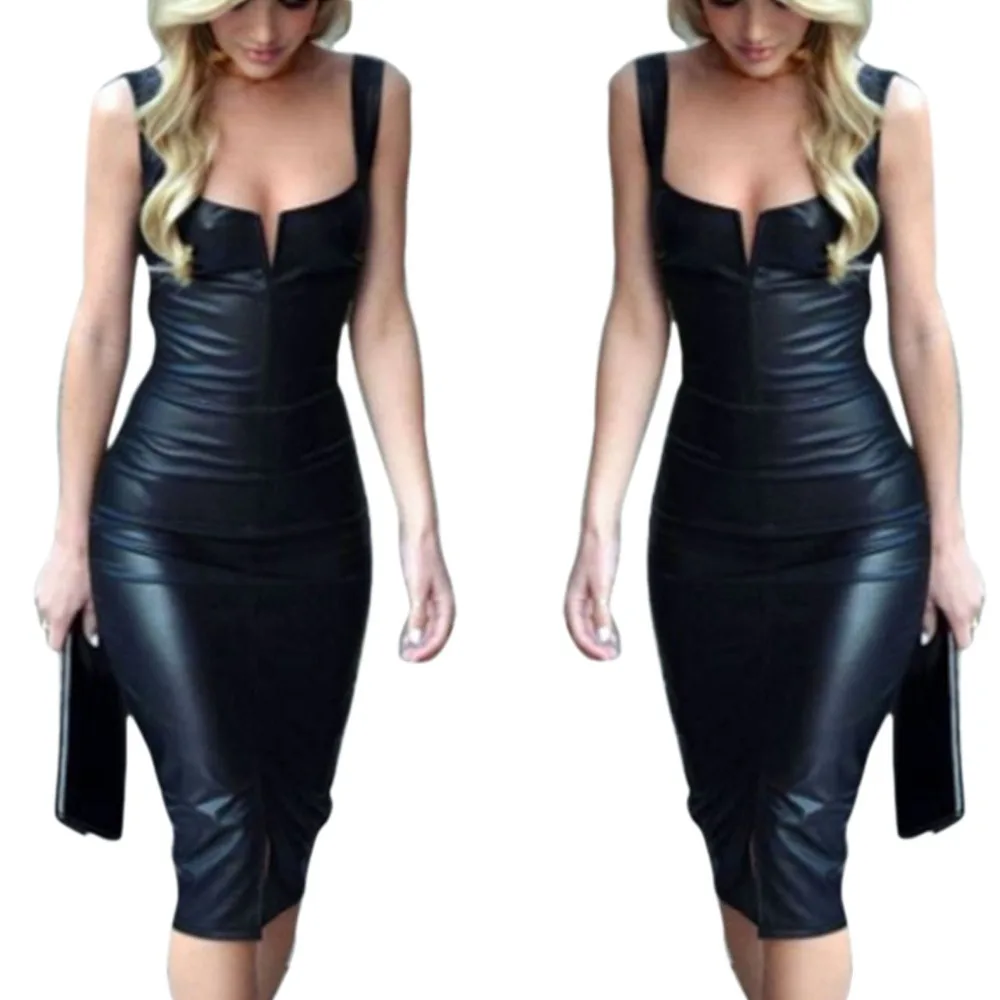 Женское облегающее платье Wetlook черное из искусственной кожи без рукавов на