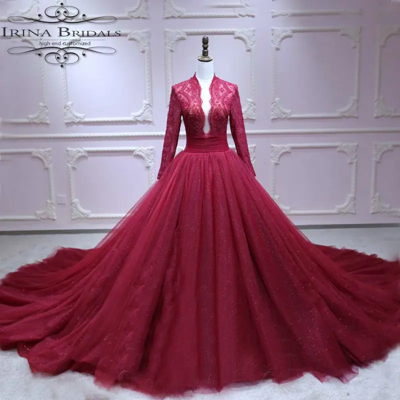 Irina Bridals gelinlik/свадебное платье темно красного цвета с длинным рукавом и кружевной