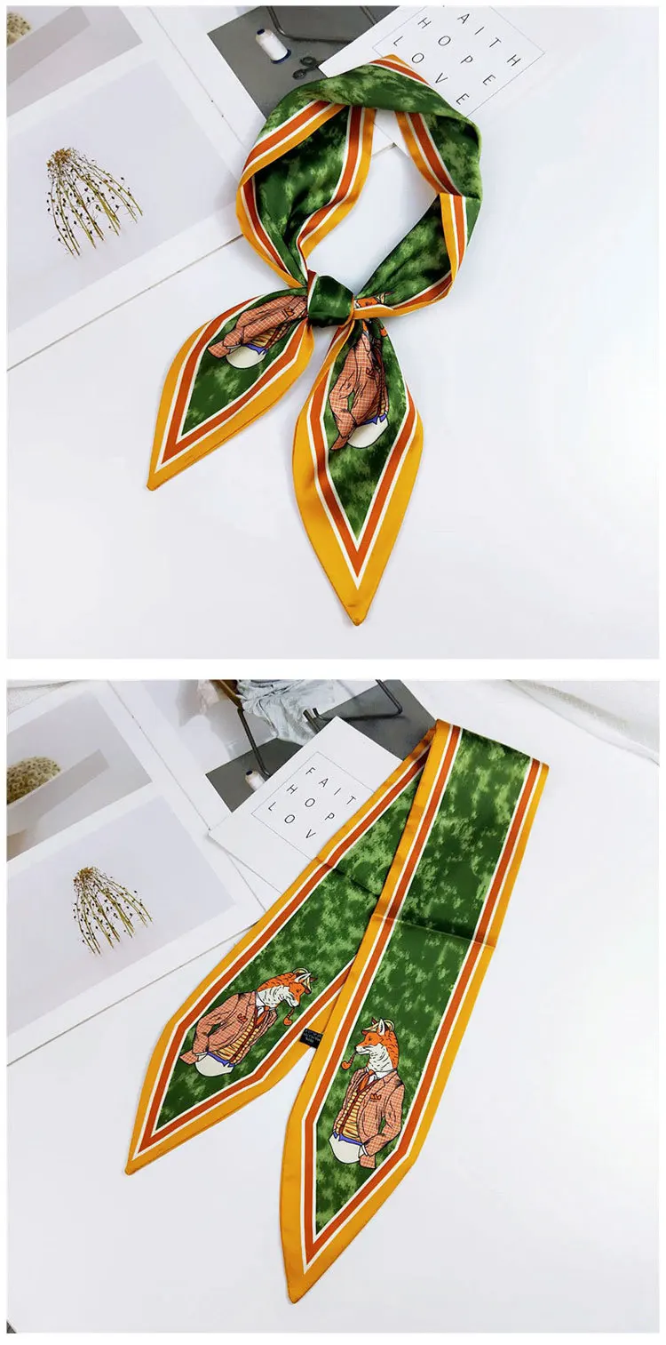 Fashion Hair Scarf For Women Neckerchief Cute Tie Wrist Ribbons Print Silk Satin Bag Scarfs Long Skinny Scarves For Ladies