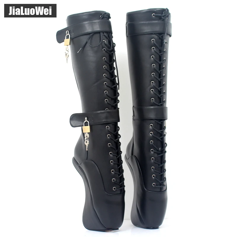 Beli Jialuowei Karet Ballet Sepatu Wanita 18Cm Ultra High Kuku Sepatu Hak Dikunci Padlocks Fetish Renda Seksi Lintas Terikat Lutut-Sepatu Bot Tinggi