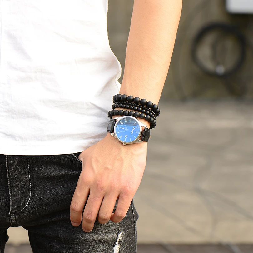 Винтажные Натуральный Камень Strand браслет для Для женщин мужчин 4/6/8/10 мм черный