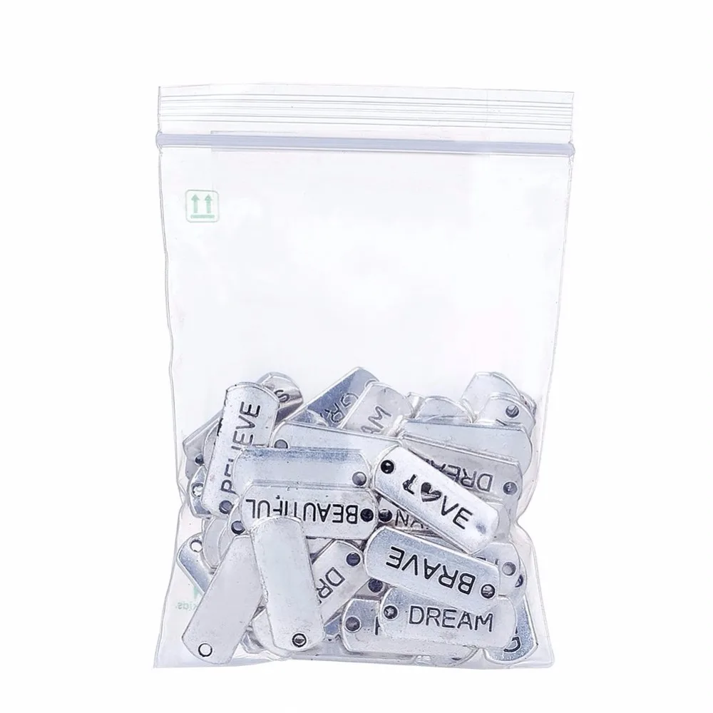 

50pcs Tibetan Antique Silver Rectangle with Word Pendants Cadmium Free & Lead Free Message Necklace Charms Tag Links