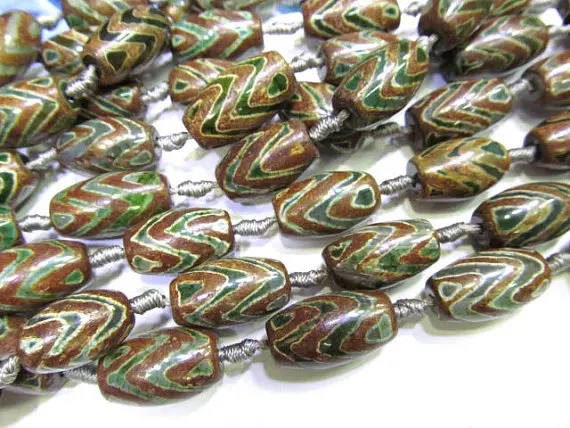 

Tibetant Agate high quality 25-40mm full strand natural Agate matte rice drum barrel evil Rustic Style Boho Chic Green brown bea