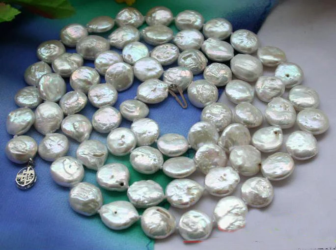Handmade 45inches Long Pearl Jewellery 12-15mm White Coin Freshwater Cultured Necklace Wedding Birthday Lady's Jewelry |