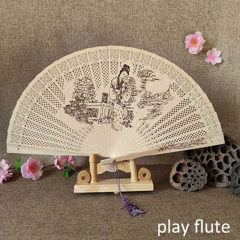 1Pcs Chinese wood carving printing Vintage antique craft fan Incense wood lady folding fan - Цвет: play flute