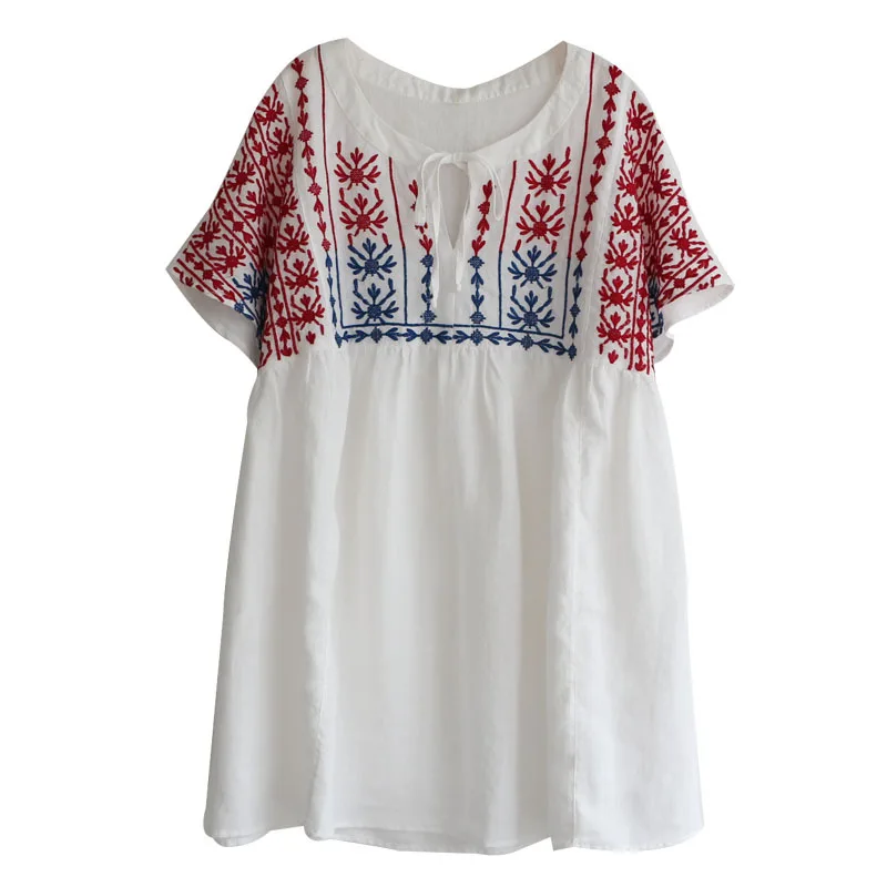 5977 new summer women Color embroidered cotton linen short dress Japan style Retro Casual O-Neck sleeve mini | Женская одежда
