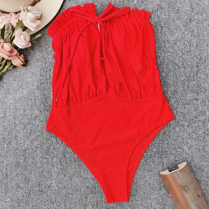 Sexy Ruffles One-piece Swimsuit Off Shoulder Bandage Swimwear 2020 New Deep V High Cut Women Beach Wear Monokini | Спорт и