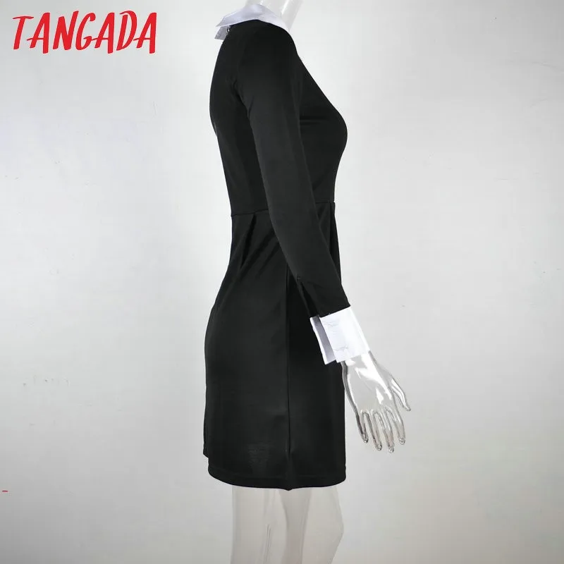 Tangada короткое платье трикотажное платье черное платье с белым воротником приталенное платье платье школьницы платье мини2019