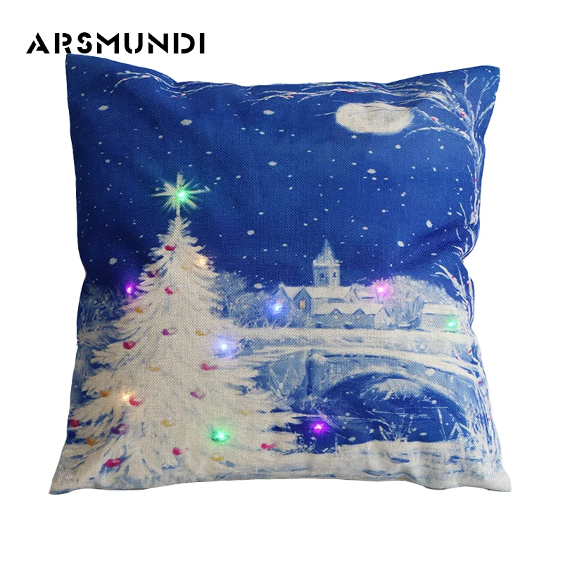 

Simple LED Christmas Cushion Cover Santa Claus & Reindeer Printed Linen Style Pattern Decorative Pillow Cover for Home 45Cmx45Cm