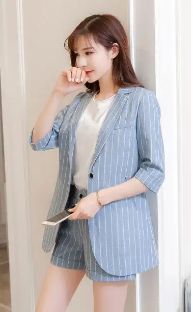 shorts suit Корейская мода, рабочие брючные костюмы, комплект из 2 предметов,, Летний Тонкий полосатый Блейзер, пиджак+ шорты или брюки, офисные женские костюмы, femino - Цвет: shorts suit