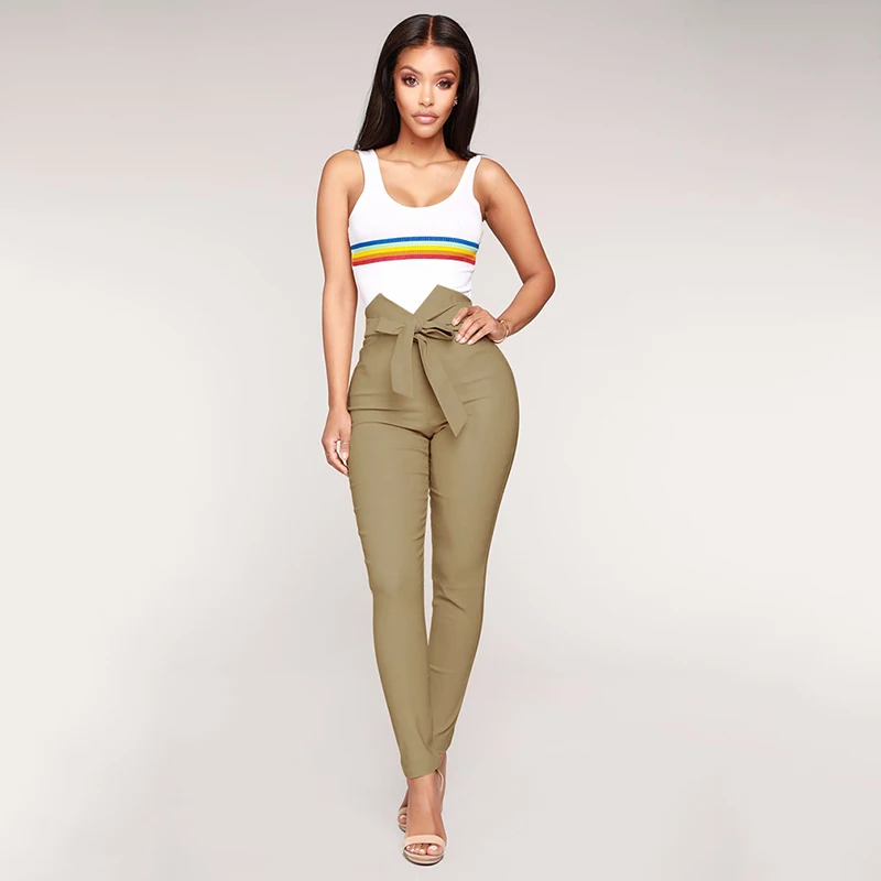 

Women Fashion High Waist Casual Pants Fashion Ladies Bowknot Long Slim Skinny Pants Bandage Elastic Pencil Trousers With Sashes
