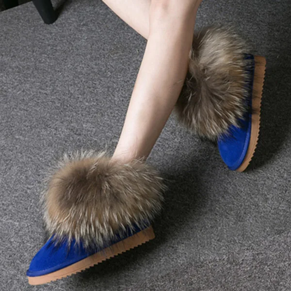 Bright Blue Shoes Женские ботинки из натуральной кожи с натуральным лисьим мехом; брендовая зимняя обувь; Теплые повседневные черные женские зимние ботинки с круглым носком размера плюс - Цвет: Bright Blue Shoes