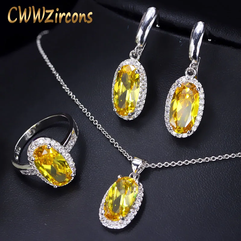 yellow CWWZircons великолепные серьги и кольцо с большим овальным желтым кубическим цирконием, Модные CZ Женские Ювелирные наборы T221 - Окраска металла: yellow