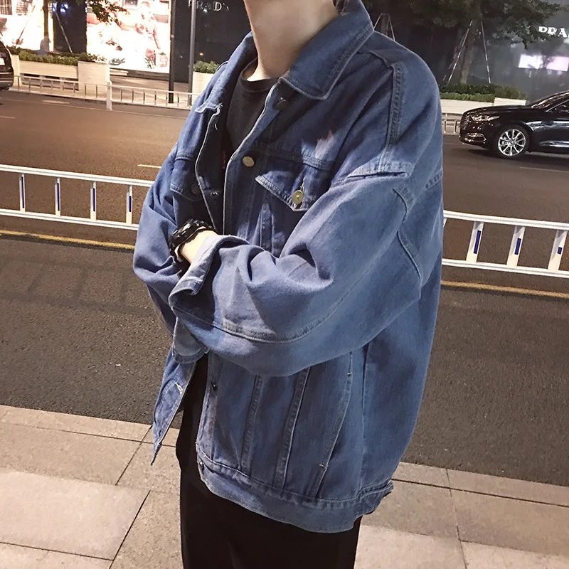 Fashion denim jacket autumn New men Single-breasted loose jeans coats mens Solid color Locomotive denim jacket Washed jacket Top - Цвет: Blue