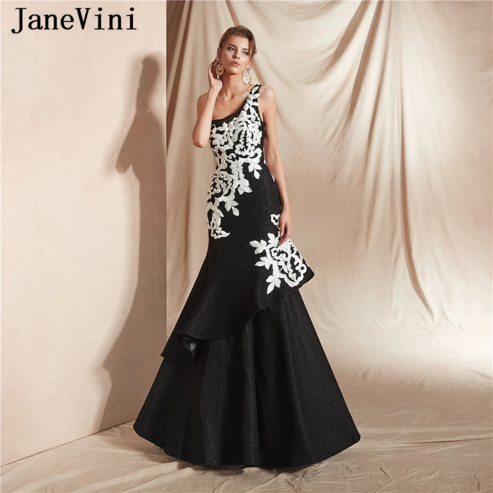 

JaneVini Vintage Black Lace Formal Long Prom Dresses 2019 One Shoulder White Lace Appliques Sleeveless Mermaid Prom Party Gowns