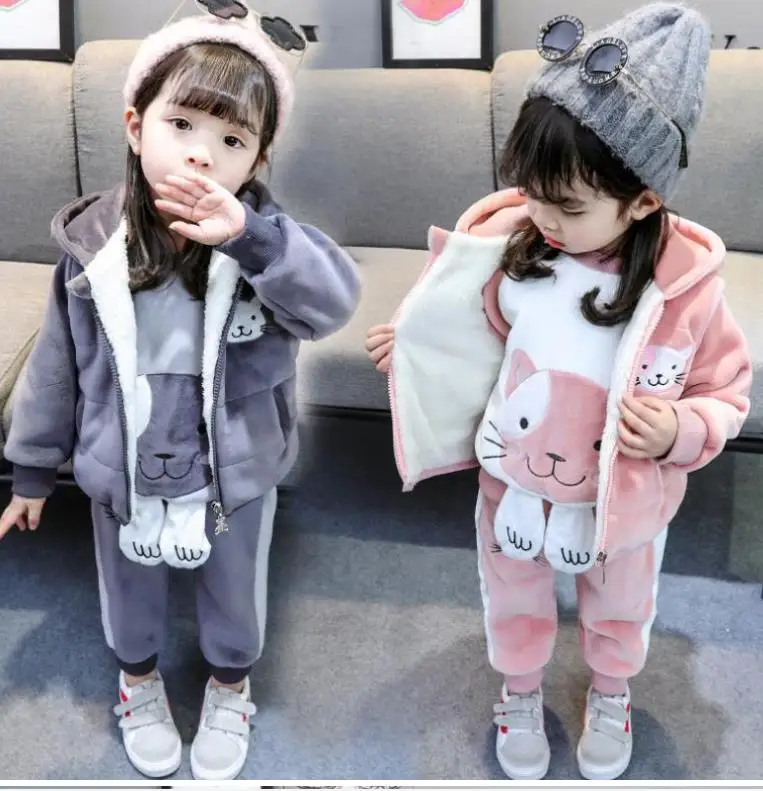 Baby Boys Girls Warm Set Winter Cartoon cat Kids Thickening Hooded Vest+Sweater+Pant Three-piece Sport Suits Children Clothing
