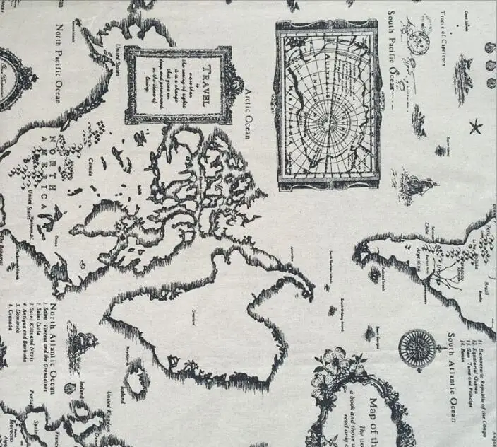 Ткань из льна и хлопка с принтом карты мира ручная печать окрашивание для