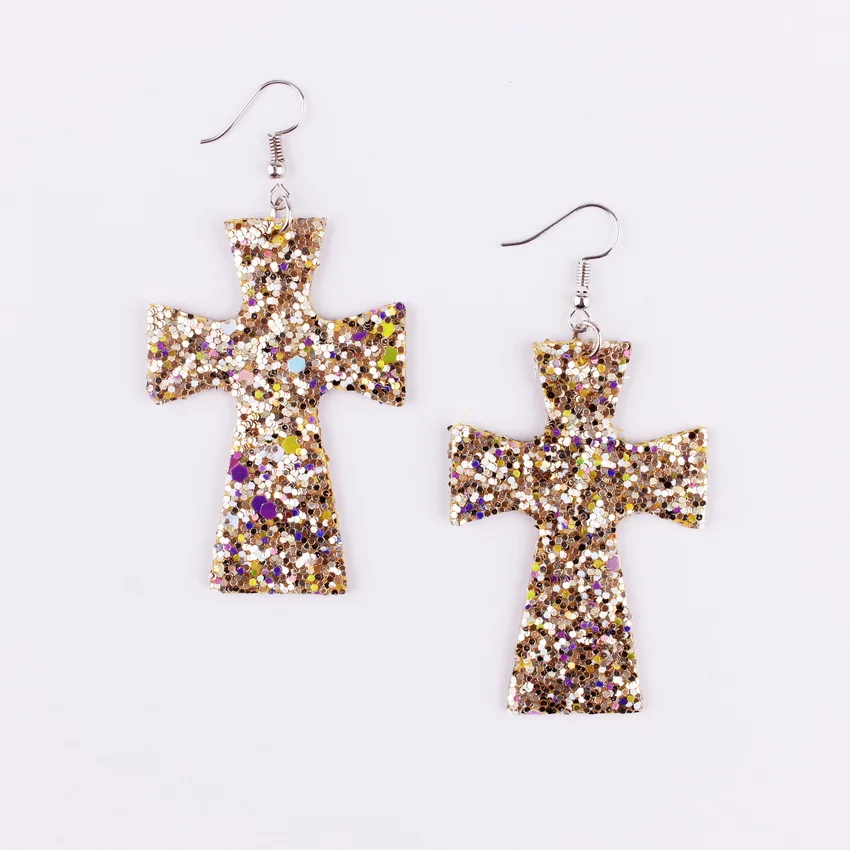 Handcrafted Glitter Cross Leather Earrings Geometric Multicolor Paillette Dangle Drop for Women Girls | Украшения и аксессуары